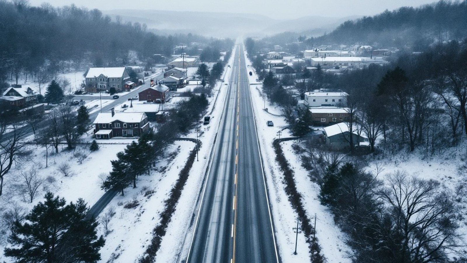 An empty two-lane rural Pennsylvania highway in winter, aerial editorial view